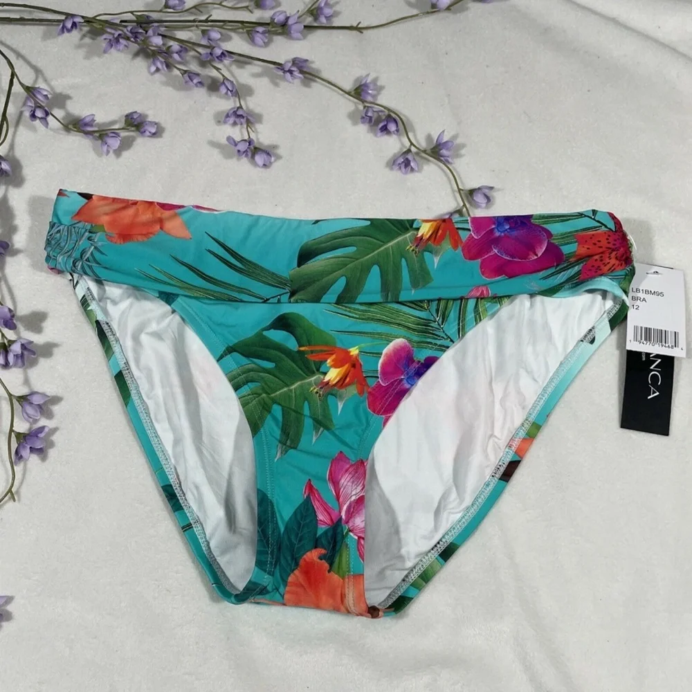 NWT‎ La Blanca [ 12 ] Tropicalia Shirred Band Floral Hipster Bikini Bottoms